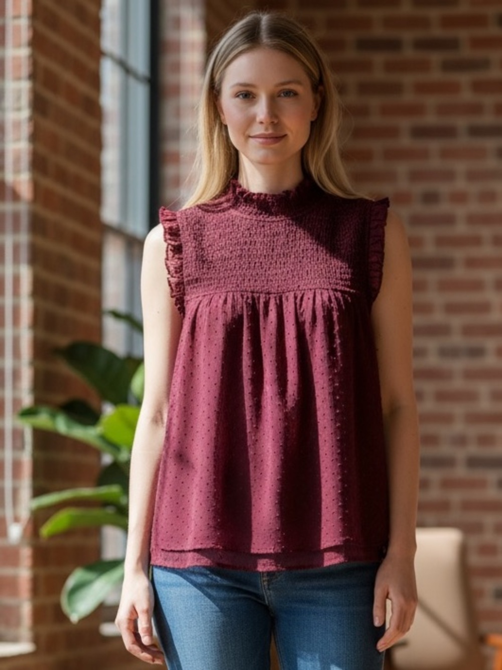 LOFT Petite XXSP Burgundy Swiss Dot Smocked Ruffle Sleeveless Blouse